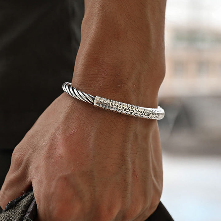 Buddha Stones 999 Sterling Silver Six True Words Heart Sutra Braided Design Lotus Protection Bracelet Bangle - image 2