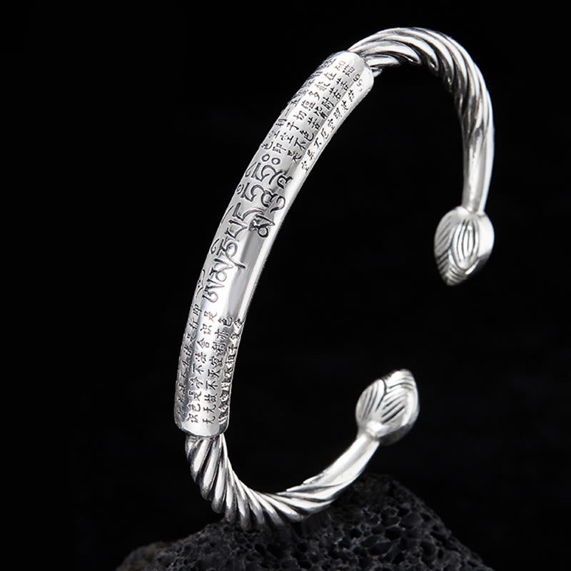 Buddha Stones 999 Sterling Silver Six True Words Heart Sutra Braided Design Lotus Protection Bracelet Bangle - 999 Sterling Silver (Wrist Circumference: 15-17cm) - image 0