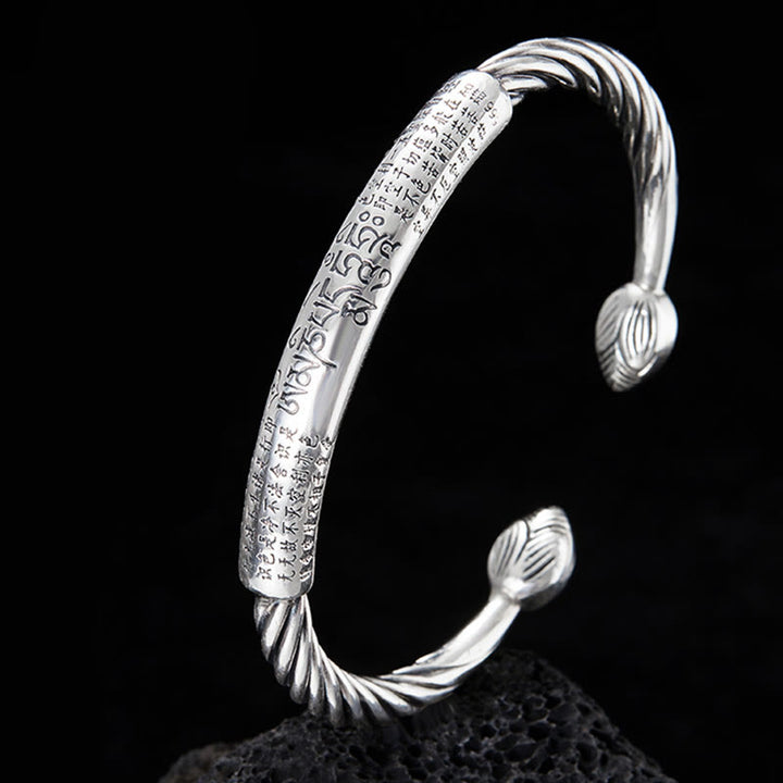 Buddha Stones 999 Sterling Silver Six True Words Heart Sutra Braided Design Lotus Protection Bracelet Bangle - 999 Sterling Silver (Wrist Circumference: 15-17cm) - image 0