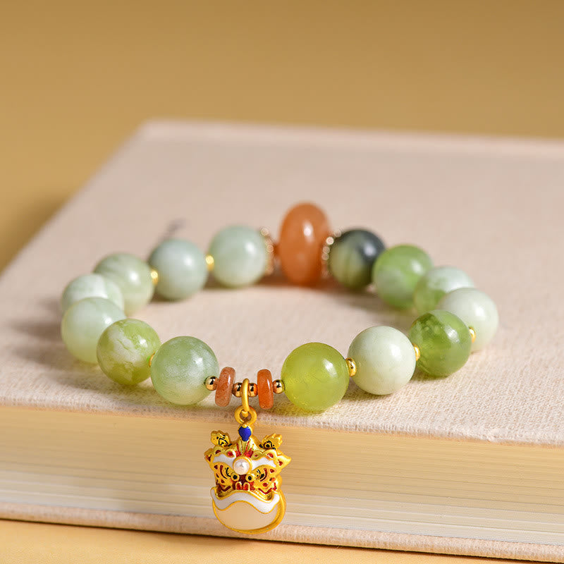 Buddha Stones Natural Jade Dancing Lion Charm Prosperity Luck Bracelet - Beads(10mm) - image 0