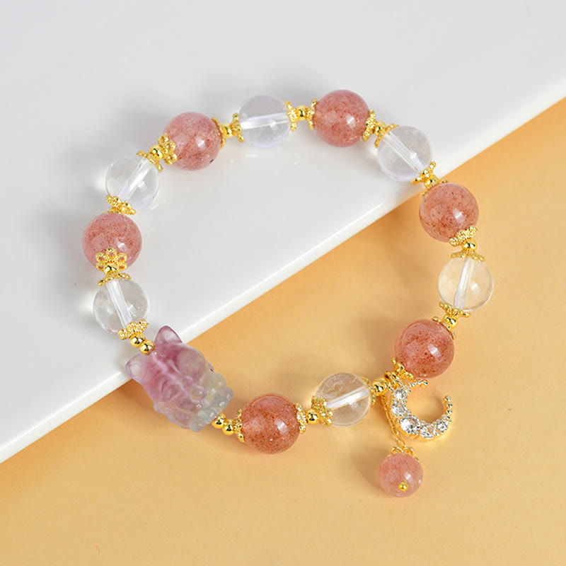 Buddha Stones Natural White Strawberry Quartz Crystal Healing Love Nine Tailed Fox  Moon Pendant Bracelet - image 2