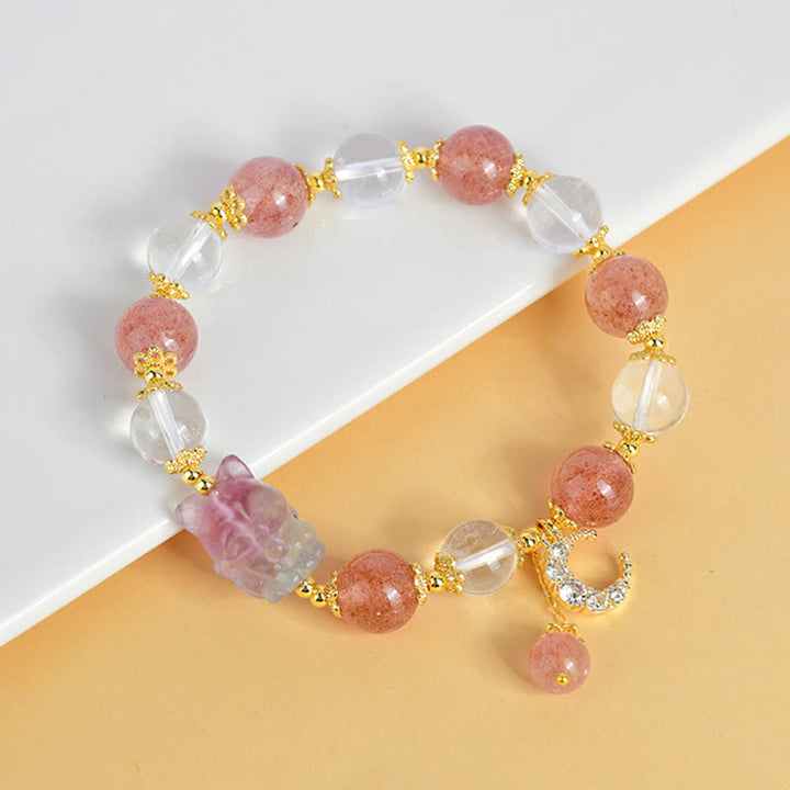 Buddha Stones Natural White Strawberry Quartz Crystal Healing Love Nine Tailed Fox  Moon Pendant Bracelet - image 2