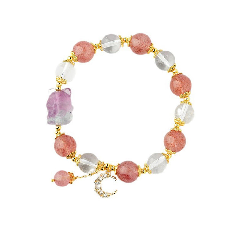 Buddha Stones Natural White Strawberry Quartz Crystal Healing Love Nine Tailed Fox  Moon Pendant Bracelet - image 7