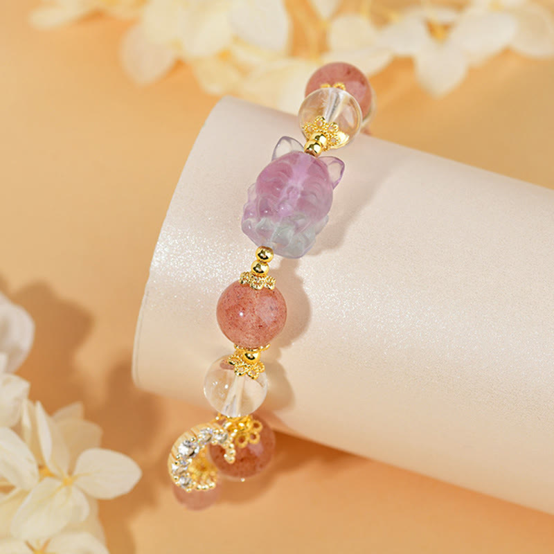 Buddha Stones Natural White Strawberry Quartz Crystal Healing Love Nine Tailed Fox  Moon Pendant Bracelet - image 3