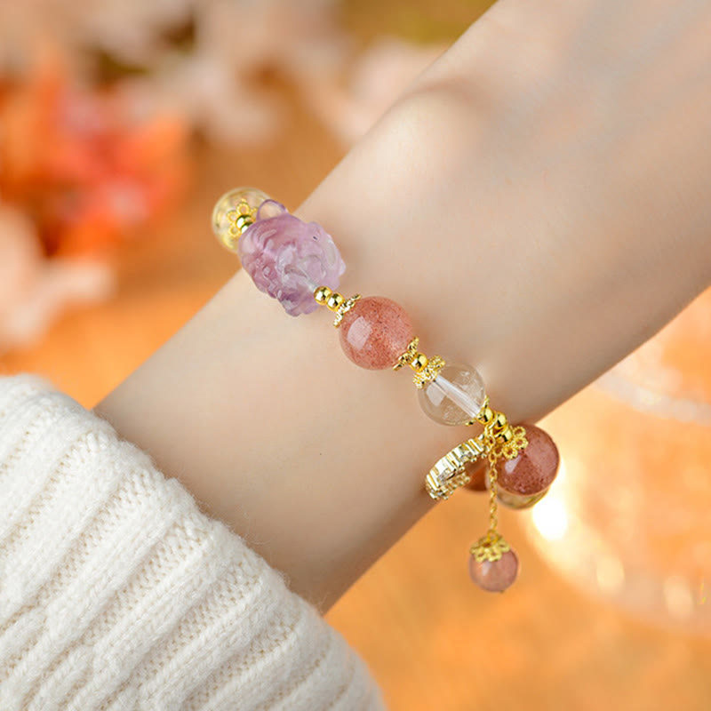 Buddha Stones Natural White Strawberry Quartz Crystal Healing Love Nine Tailed Fox  Moon Pendant Bracelet - image 5