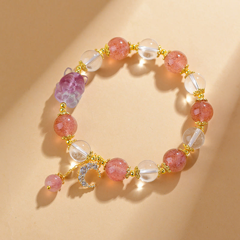 Buddha Stones Natural White Strawberry Quartz Crystal Healing Love Nine Tailed Fox  Moon Pendant Bracelet - image 1