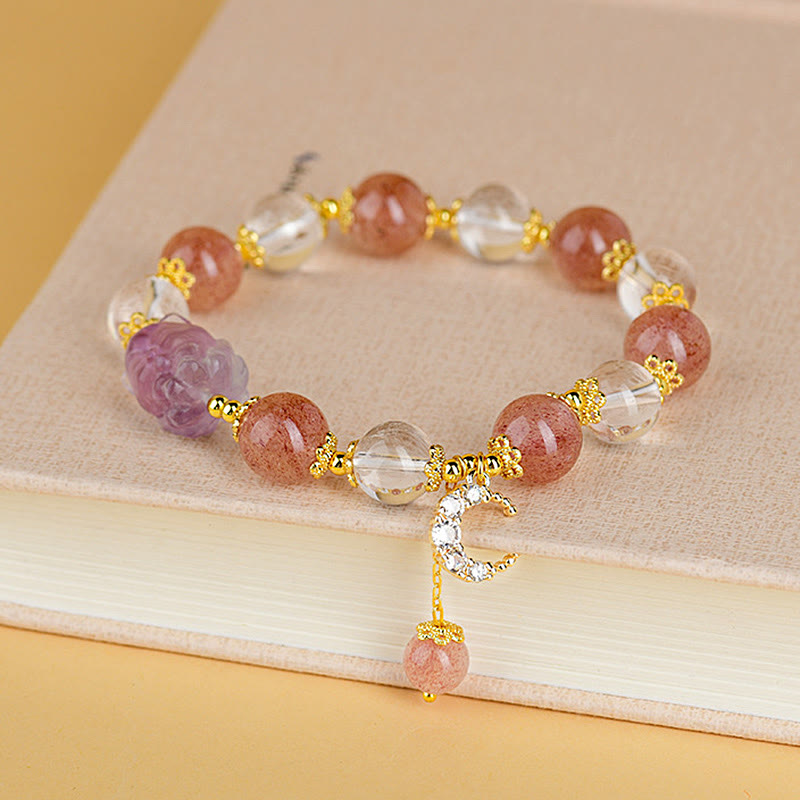 Buddha Stones Natural White Strawberry Quartz Crystal Healing Love Nine Tailed Fox  Moon Pendant Bracelet - Strawberry Quartz(Love♥Healing) - image 0