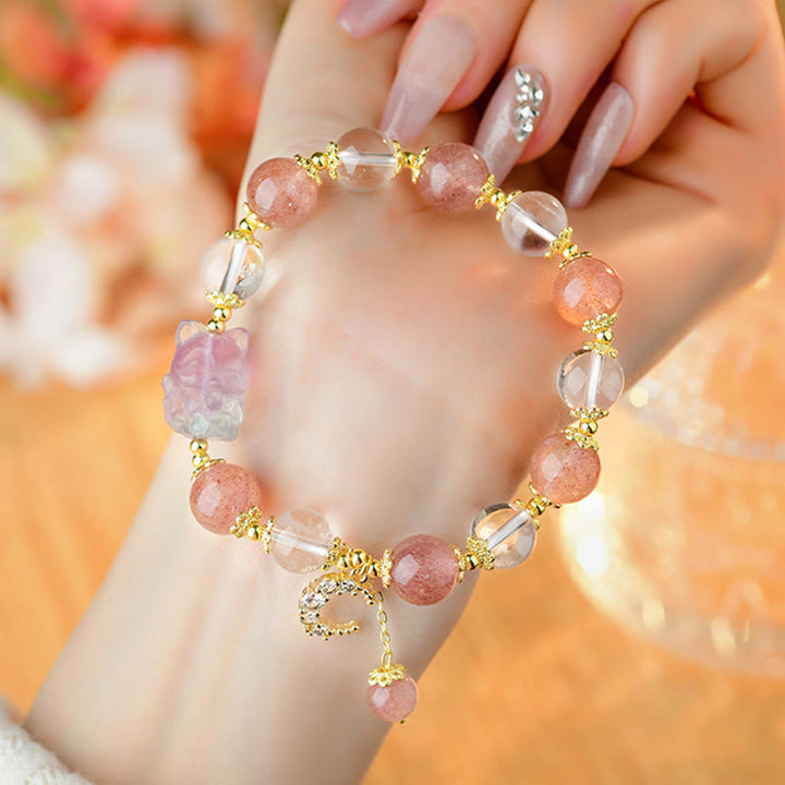 Buddha Stones Natural White Strawberry Quartz Crystal Healing Love Nine Tailed Fox  Moon Pendant Bracelet - image 4