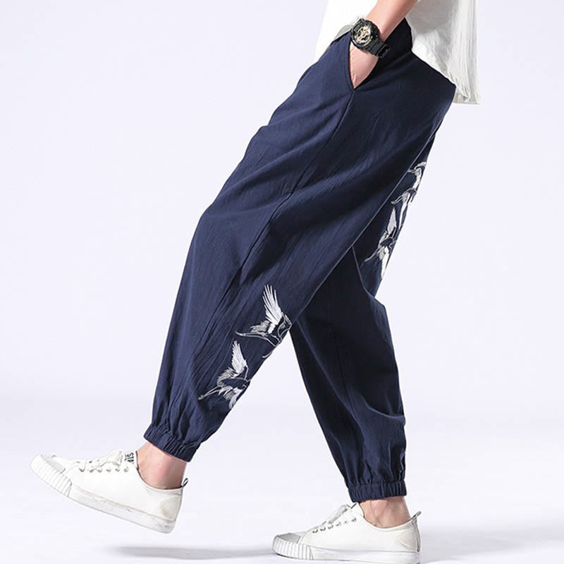 Buddha Stones White Crane Embroidery Design Drawstring Men's Harem Pants With Pockets - image 25