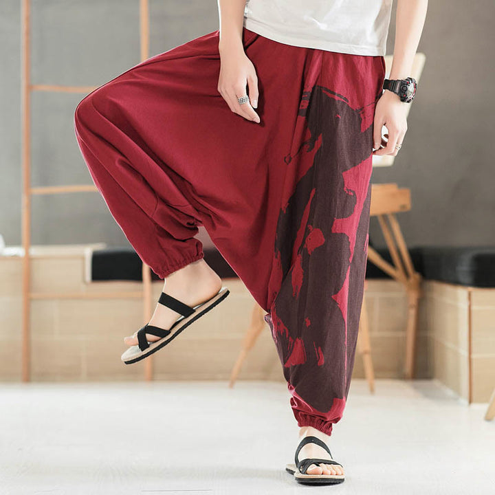 Buddha Stones Simple Summer Calligraphy Cotton Men's Harem Pants With Pockets - Crimson - US/UK/AU46，EU56 (5XL) - image 13
