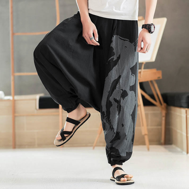 Buddha Stones Simple Summer Calligraphy Cotton Men's Harem Pants With Pockets - image 5