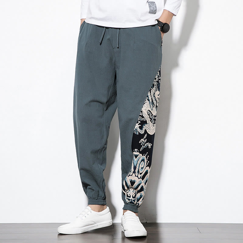 Buddha Stones Summer Dragon Waves Cotton Men's Pants With Pockets - image 1
