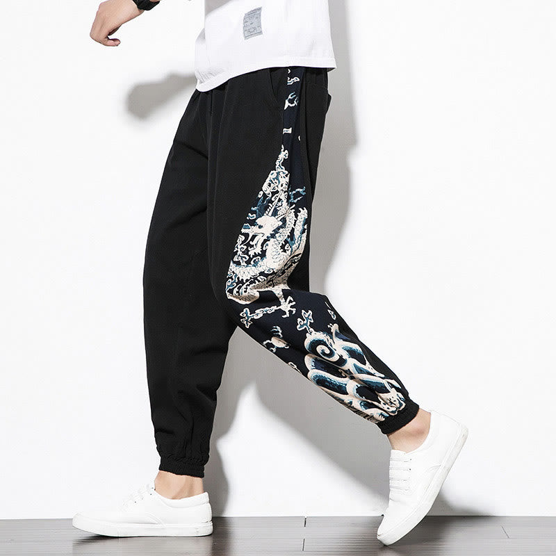 Buddha Stones Summer Dragon Waves Cotton Men's Pants With Pockets - Black - US/UK/AU46，EU56 (5XL)  - image 8