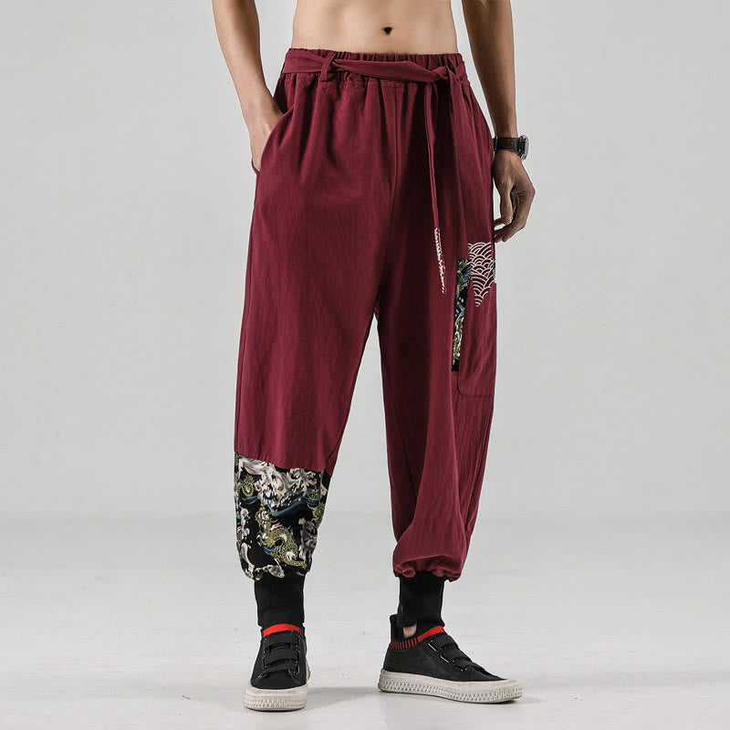 Buddha Stones Ocean Waves Lace-up Cotton Men's Harem Pants With Pockets - IndianRed - US/UK/AU46，EU56 (5XL)  - image 14