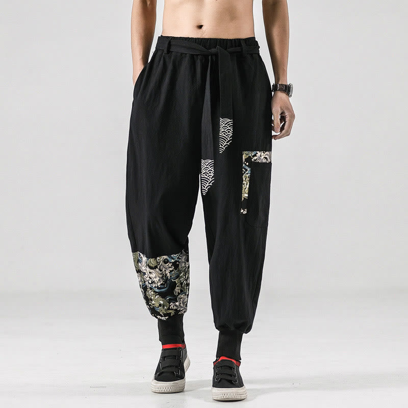 Buddha Stones Ocean Waves Lace-up Cotton Men's Harem Pants With Pockets - image 9