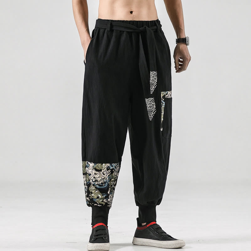 Buddha Stones Ocean Waves Lace-up Cotton Men's Harem Pants With Pockets - image 8