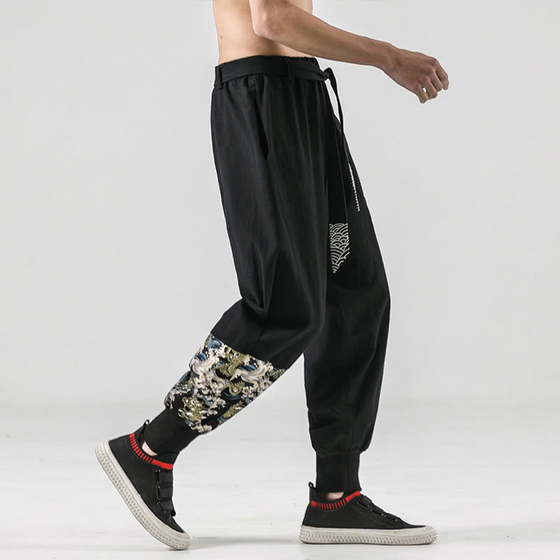 Buddha Stones Ocean Waves Lace-up Cotton Men's Harem Pants With Pockets - image 6