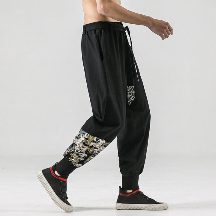 Buddha Stones Ocean Waves Lace-up Cotton Men's Harem Pants With Pockets - image 6