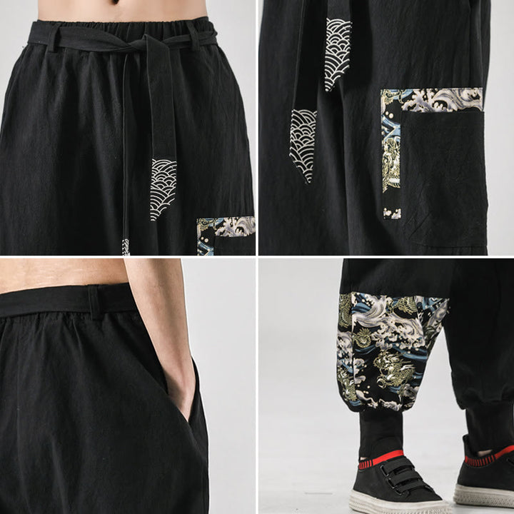 Buddha Stones Ocean Waves Lace-up Cotton Men's Harem Pants With Pockets - image 5