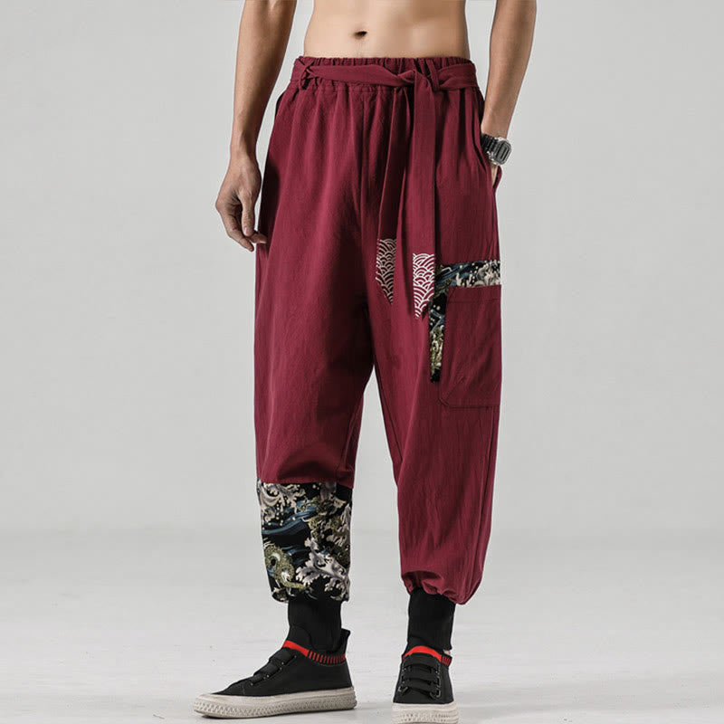 Buddha Stones Ocean Waves Lace-up Cotton Men's Harem Pants With Pockets - image 19