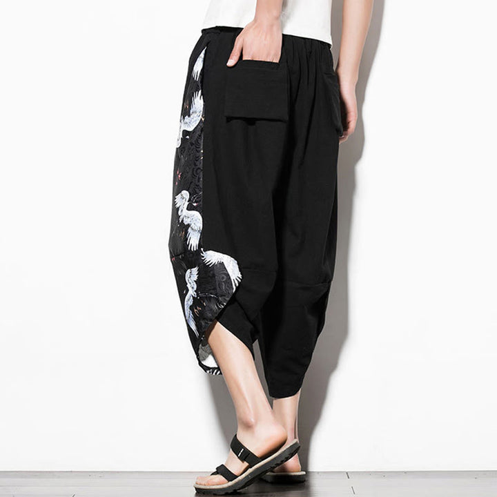 Buddha Stones White Crane Print Cotton Men's Cropped Harem Pants With Pockets - image 5