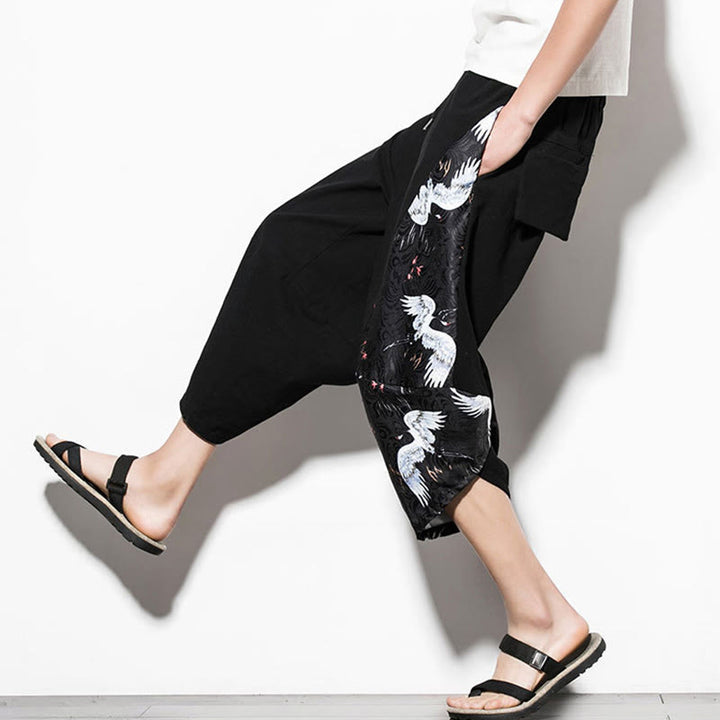 Buddha Stones White Crane Print Cotton Men's Cropped Harem Pants With Pockets - image 8