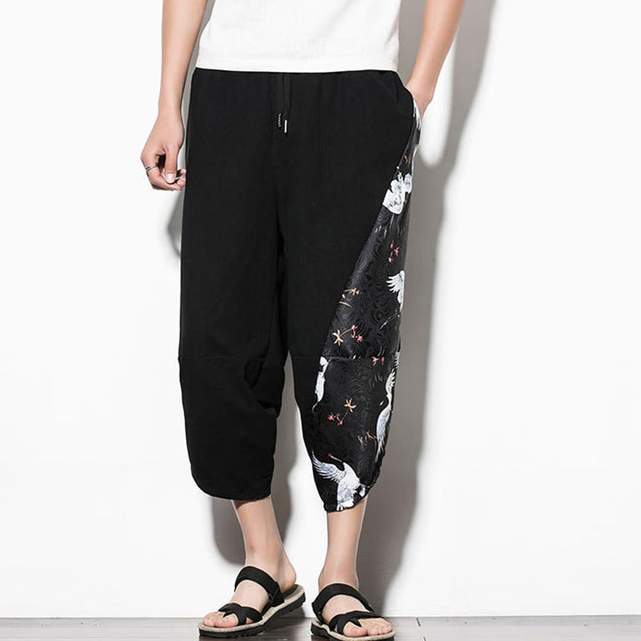 Buddha Stones White Crane Print Cotton Men's Cropped Harem Pants With Pockets - image 6