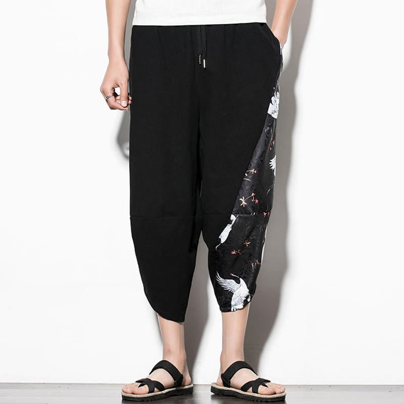 Buddha Stones White Crane Print Cotton Men's Cropped Harem Pants With Pockets - image 2