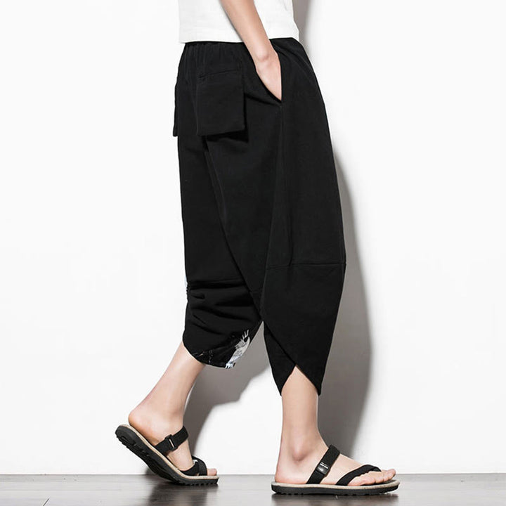 Buddha Stones White Crane Print Cotton Men's Cropped Harem Pants With Pockets - image 3