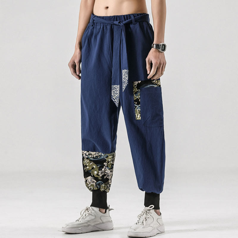 Buddha Stones Ocean Waves Lace-up Cotton Men's Harem Pants With Pockets - image 36
