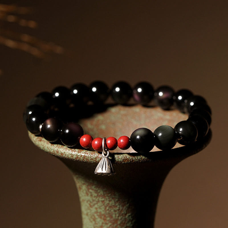 Buddha Stones Natural Black Obsidian Cinnabar Lotus Charm Strength Fulfillment Bracelet - 6mm(Wrist Circumference 14-16cm) - image 0