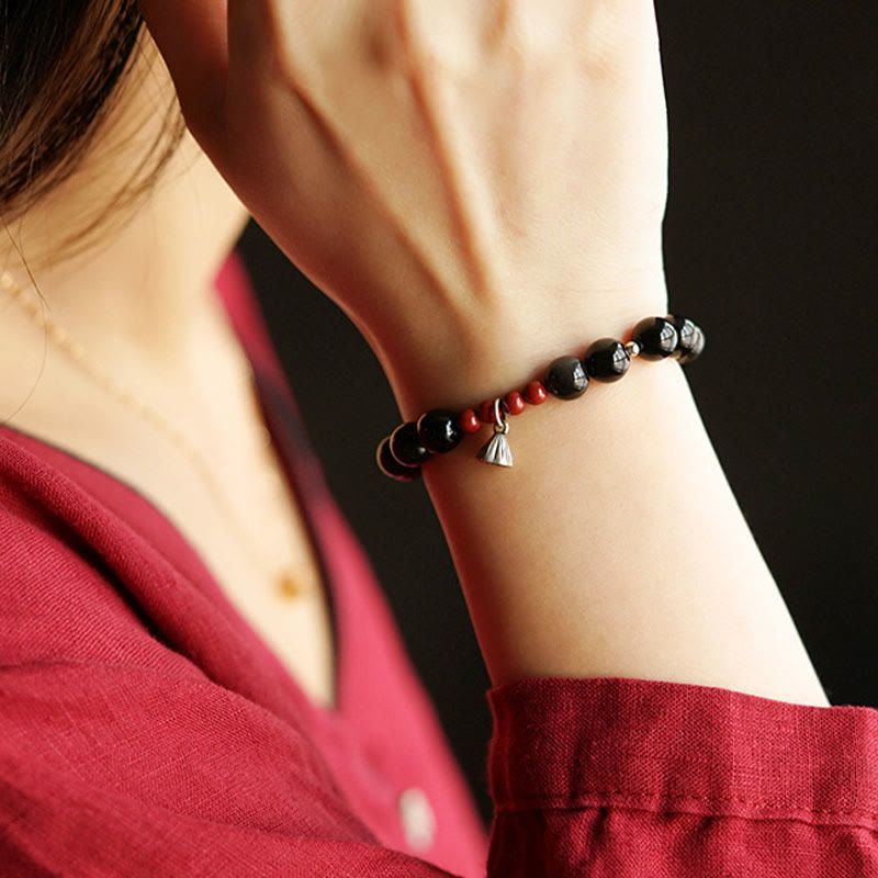 Buddha Stones Natural Black Obsidian Cinnabar Lotus Charm Strength Fulfillment Bracelet - image 7