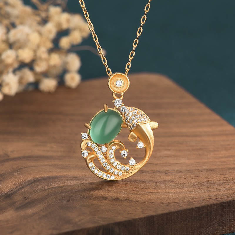 Buddha Stones Green Chalcedony Koi Fish Strength Necklace Pendant - Koi Fish Green Chalcedony - image 0