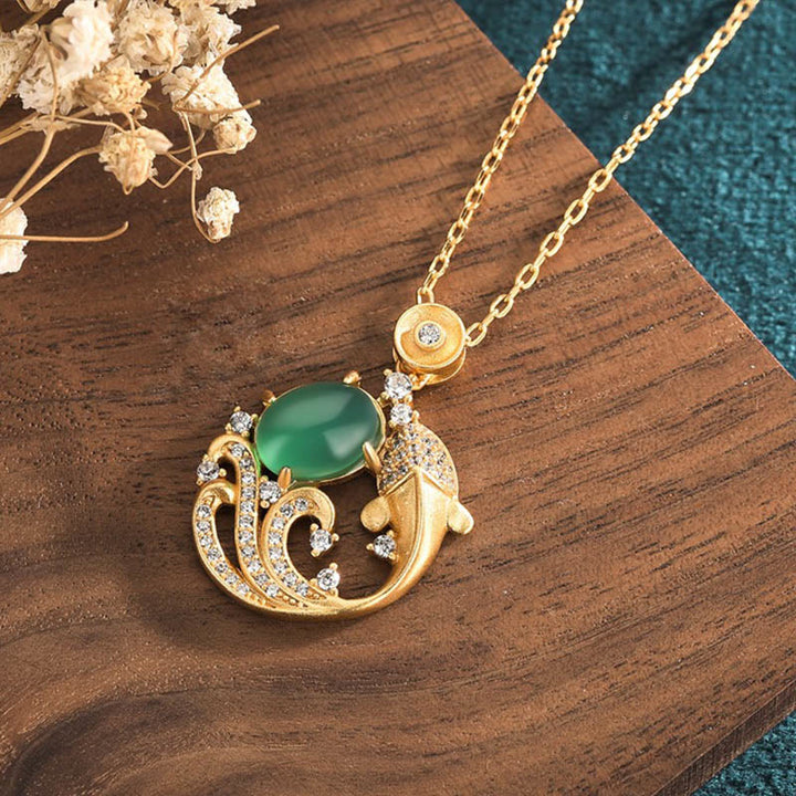 Buddha Stones Green Chalcedony Koi Fish Strength Necklace Pendant - image 2