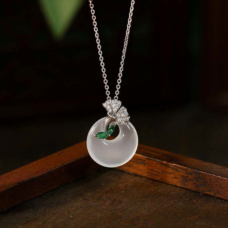 Buddha Stones Natural Chalcedony Ginkgo Leaf Peace Buckle Harmony Necklace Pendant - Chalcedony - image 0