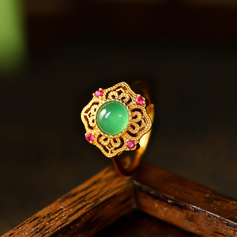 Buddha Stones Green Chalcedony Hollow Pattern Strength Adjustable Ring - 44-46.5mm(Adjustable) - image 0