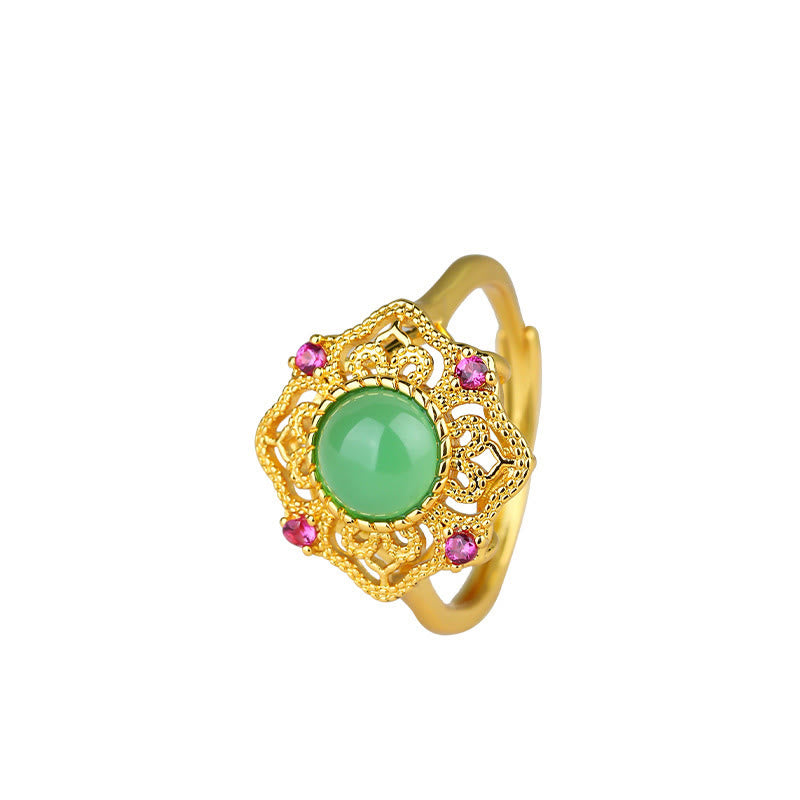 Buddha Stones Green Chalcedony Hollow Pattern Strength Adjustable Ring - image 3