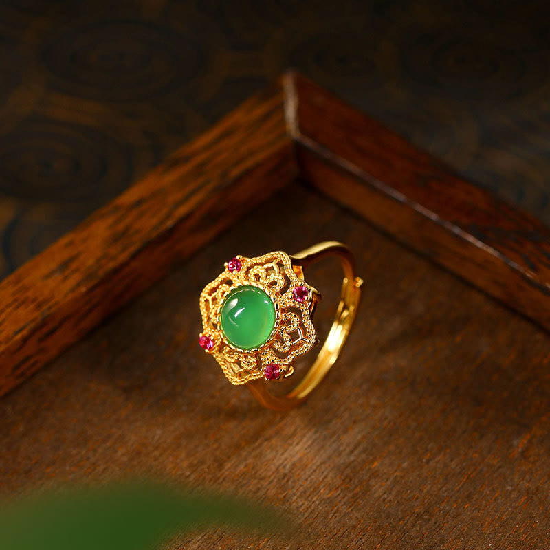 Buddha Stones Green Chalcedony Hollow Pattern Strength Adjustable Ring - image 2