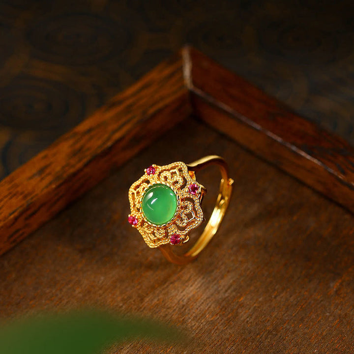 Buddha Stones Green Chalcedony Hollow Pattern Strength Adjustable Ring - image 2