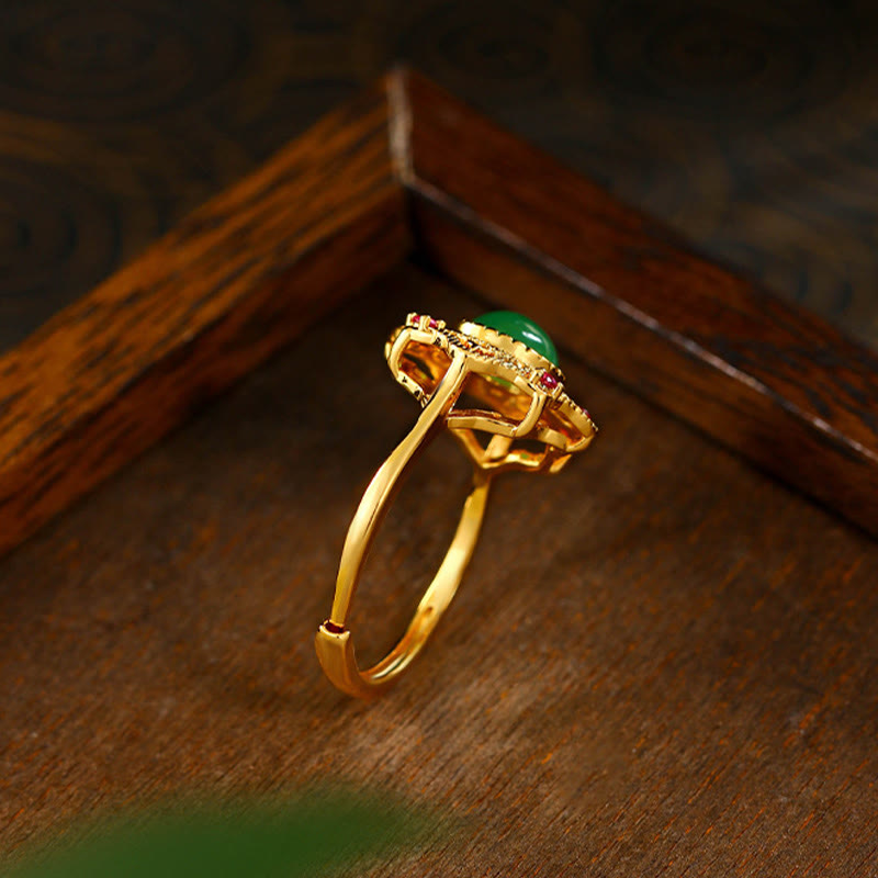 Buddha Stones Green Chalcedony Hollow Pattern Strength Adjustable Ring - image 1