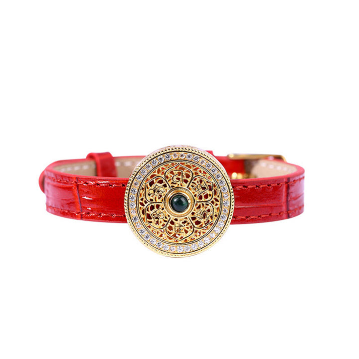 Buddha Stones Six True Words Eight Treasures Compass Jade 24K Gold Plated Luck Leather Bracelet - image 4