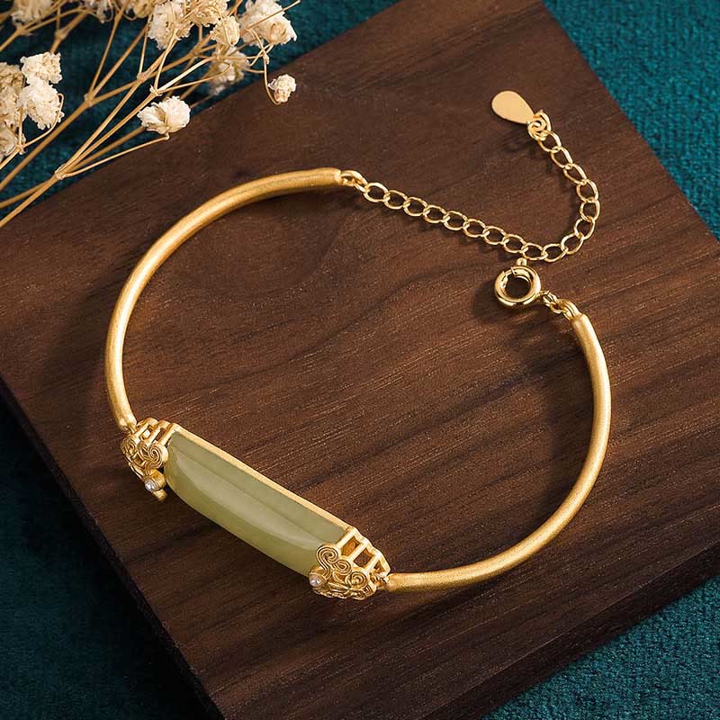 Buddha Stones Hetian Jade 24K Gold Plated Luck Bracelet Bangle - image 1
