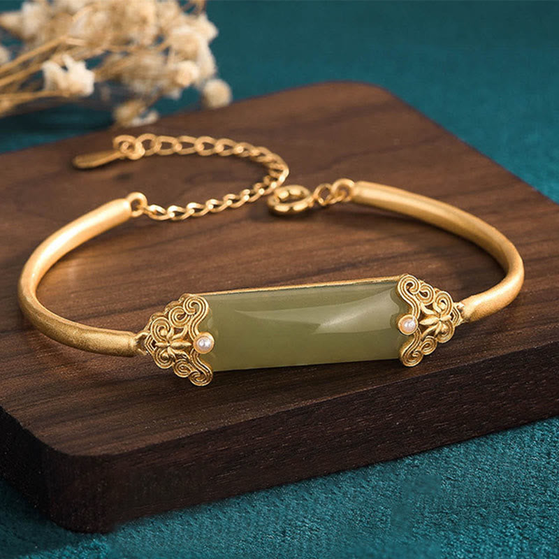 Buddha Stones Hetian Jade 24K Gold Plated Luck Bracelet Bangle - Hetian Jade Gold Plated(Adjustable) - image 0