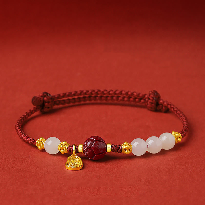 Buddha Stones Fu Character Jade Cinnabar 24K Gold Plated Luck Red String Bracelet - Jade Cinnabar (Wrist Circumference: 15-19cm) - image 0