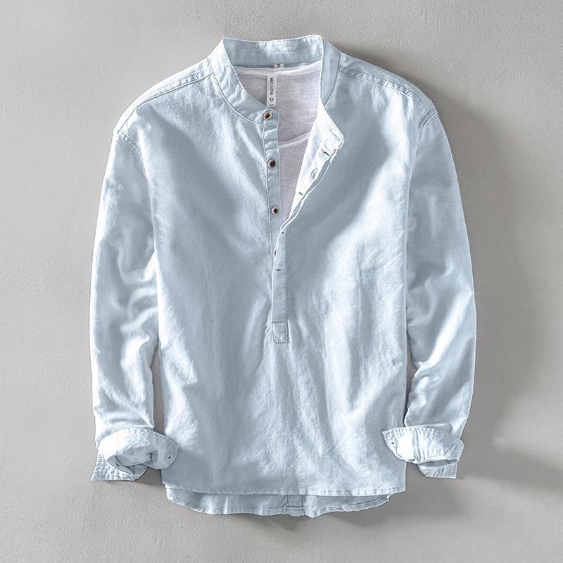 Buddha Stones Solid Color Long Sleeve Half Button Shirt Cotton Linen Men Clothing - LightBlue - US/UK/AU40，EU50 (2XL) - image 0