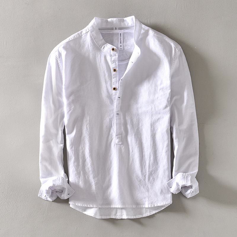 Buddha Stones Solid Color Long Sleeve Half Button Shirt Cotton Linen Men Clothing - White - US/UK/AU40，EU50 (2XL) - image 1