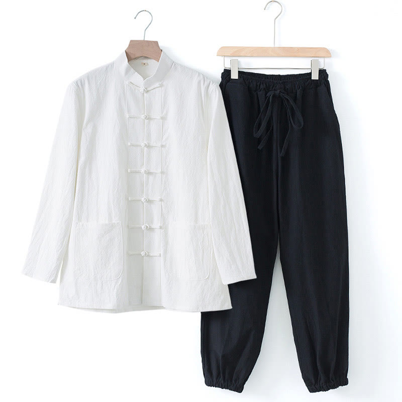 Buddha Stones Meditation Frog-Button Tang Long Sleeve Shirt Pants Men's Suit - White Shirt&Black Pant - US/UK/AU44，EU54 (4XL) - image 19