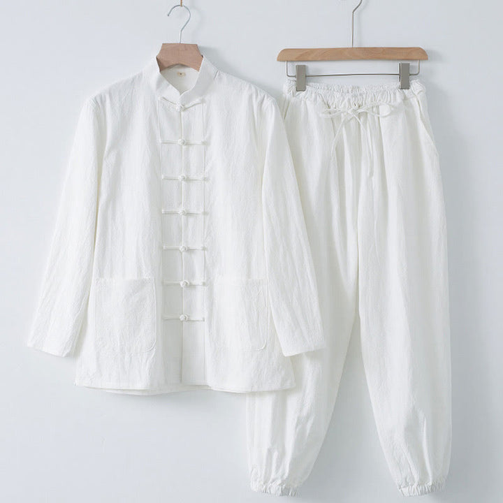 Buddha Stones Meditation Frog-Button Tang Long Sleeve Shirt Pants Men's Suit - White Shirt&White Pant - US/UK/AU44，EU54 (4XL) - image 1