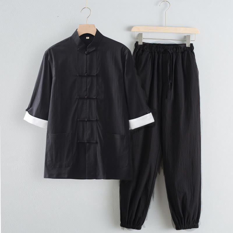 Buddha Stones Tang Frog-Button Three Quarter Sleeve Shirt Pants Men's Suit - Black Shirt&Black Pant - US/UK/AU44，EU54 (4XL) - image 5