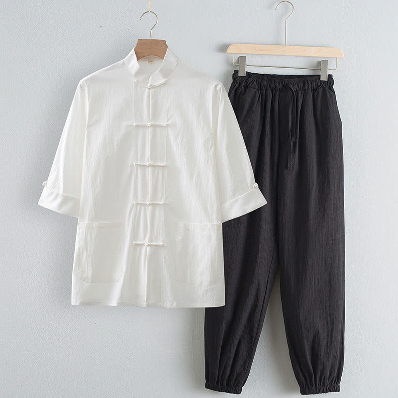 Buddha Stones Tang Frog-Button Three Quarter Sleeve Shirt Pants Men's Suit - White Shirt&Black Pant - US/UK/AU44，EU54 (4XL) - image 4